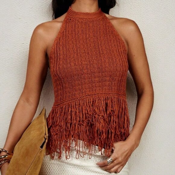 Boho Women's Backless Fringe Hem Knit halter Top - Picture 6 of 7